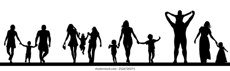 Family parents and kids outdoor activities in park silhouettes set collection. People seniors adults teens kids having fun playing together outside silhouette. hand drawn. Not AI, Vector illustration