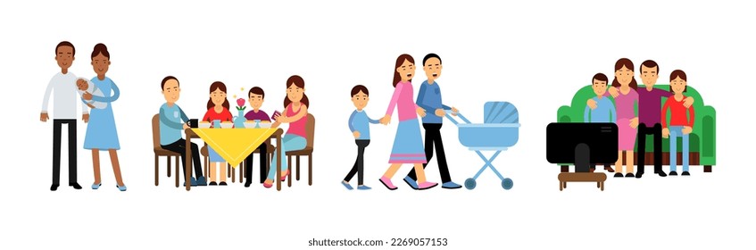 Family with Parents and Kids Spending Time Together Vector Set