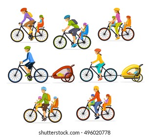 Family, Parents, Man Woman with their children, boy and girl, riding bikes. Safe kids seats and trolleys to travel, cycling together vector illustration