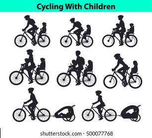 Family, Parents, Man Woman with their children, boy and girl, riding bikes. Safe kids seats and trolleys to travel cycling together  silhouettes vector illustration