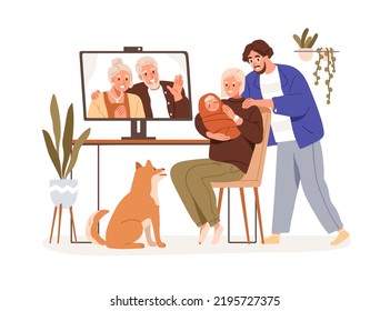 Familia, padres con un bebé recién nacido durante una videollamada en línea con abuelos. Encuentro, dar la bienvenida al recién nacido, al niño por internet. Ilustración vectorial gráfica plana aislada en fondo blanco