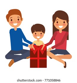 family parents and son with big gift box