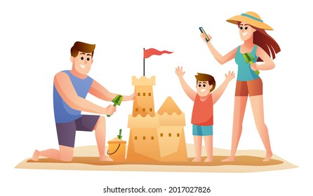 Family parents and son making sand castle cartoon illustration. Family on summer vacation concept illustration