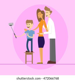 Family Parents With Son Taking Selfie Photo On Smart Phone With Stick Flat Vector Illustration