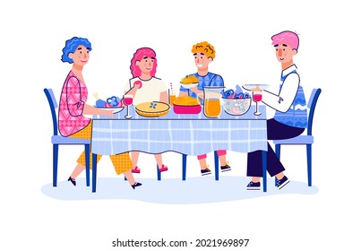 Family of parents and teenage children having lunch together at home, cartoon vector illustration isolated on white background. Family dinner or party dinner together.