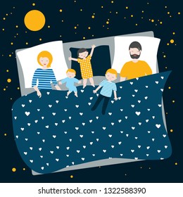 Family of parents and three children sleeping together in bed. Flat  cartoon llustration.