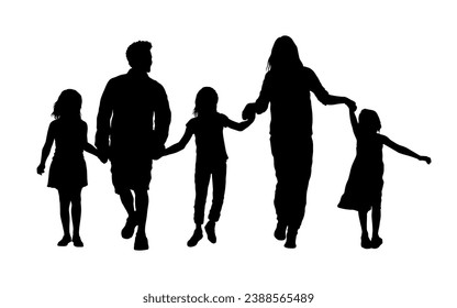 Family parents with three daughters walking together vector silhouette.	