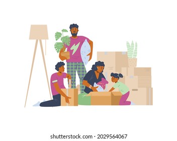 Family of parents and two children packing or unpacking belongings in carton boxes, flat vector illustration. House moving and new home purchasing, relocation.