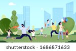 Family in park. City park activity, season walk pleisure. Happy kids woman man jumping and playing. Parents walking with children vector illustration