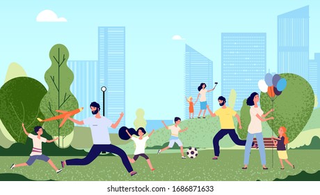 Family in park. City park activity, season walk pleisure. Happy kids woman man jumping and playing. Parents walking with children vector illustration