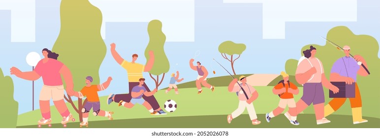 Family in park. Couples walking, outdoor freshness walk. Kids and parents happy time in garden, leisurely recreational and sporting utter vector scene