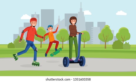 Family in the park having outdoor activities flat style vector illustration