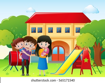 Family in a park with house illustration