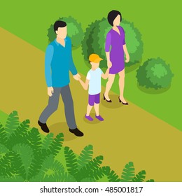 Family in park isometric composition with parents and son walking on road on nature background vector illustration