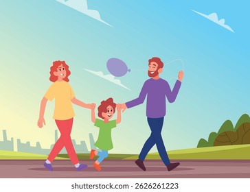 Family in park. mother father and daughter walking in park together