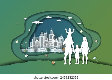 Familia y parque en la ciudad verde. Guardar Estilo de arte de papel de paisaje con ciudad verde ecológica, la gente disfruta de actividades al aire libre,