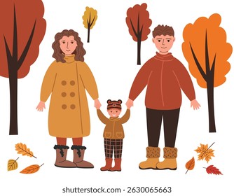 Família no parque a pé. Mamãe e papai seguram as mãos do filho no parque do outono. Ilustração vetorial do conceito de uma família feliz em uma caminhada, em um estilo plano em um fundo branco