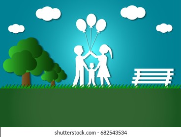 The family in the park. Paper art style