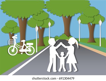 The family in the park. Paper art style