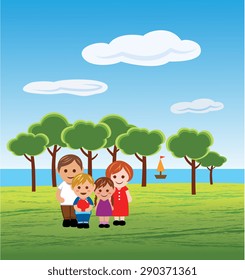 A family in a park under a blue sky with a river and a sailboat in the background. EPS10