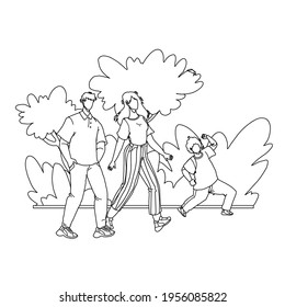 In Family Park Walking Parents With Child Black Line Pencil Drawing Vector. Father, Mother And Son Walk Together In Family Park. Characters Man, Woman And Boy Kid Happy Leisure Time Outdoor 