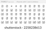 Family (Part 1 of 5). Parents with one and two children. Father, mother, son, daughter, newborn, infant, kid, teenager. Set of outline icons (thin line vector). Editable Strokes