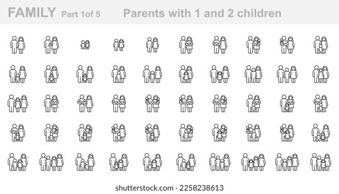 Familia (Parte 1 de 5). Padres con uno y dos hijos. Padre, madre, hijo, hija, recién nacido, bebé, niño, adolescente. Conjunto de iconos de contorno (vector de línea delgada). Estroques editables