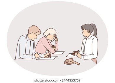 Family participates in divorce proceedings by visiting lawyers or judge who decides on children and alimony. Unhappy men and women during divorce hearing and division of jointly acquired property