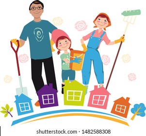 Family participating in a community clean-up event, EPS 8 vector illustration