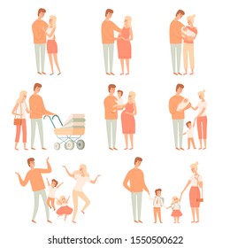 Family partners. Relationship happy parents mother father love and happiness peoples vector cartoon illustrations