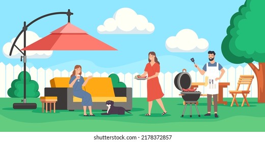 Family party with barbecue. Man grilling sausages outdoor. Wife serving dinner to female friend. Girl relaxing on sofa with dog pet in backyard garden. Outside recreation vector illustration