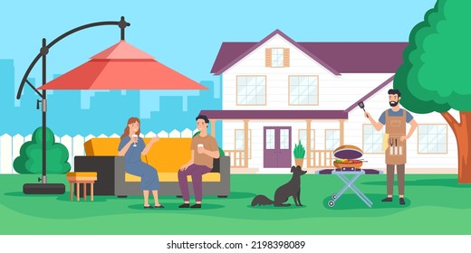 Family party with barbecue on backyard house. Vector outdoor family picnic near house illustration