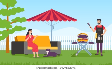 Family party with barbecue. Outdoor picnic with bbq, summer cooking background, grill weekend on backyard, barbeque with sausage, vector iillustration