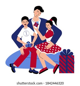 Family party with beautiful gifts. Daughter and son gift Father blue and red Presents. Christmas and New Year, Happy Father's day together. Give a gift. Gift Time.