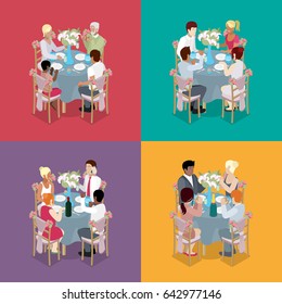 Family Party Celebration. Guests are celebrating at tables. Isometric vector flat 3d illustration