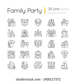 Family party linear icons set. Anniversary celebration. Social gathering with friends and coworkers. Customizable thin line contour symbols. Isolated vector outline illustrations. Editable stroke