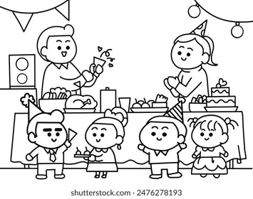 Family with party time coloring pages style.