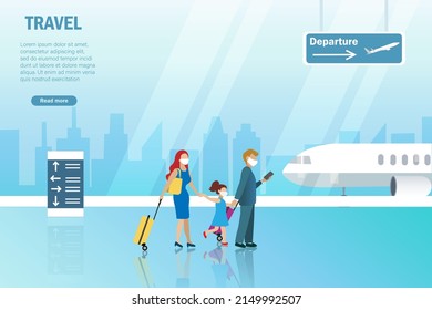 Family passengers at airport terminal wearing face mask, carrying luggages. Social distancing and prevention during COVID-19 pandemic. Safety travel on airplane concept.