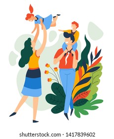 Family pastime parents and children mother father daughter and son vector mom throwing up girl and dad carrying boy on shoulders man and woman kids playing outdoor activity brother and sister