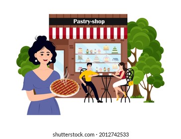 Family pastry shop business bundle of flat scenes. Owners and customers. Vector illustration EPS10