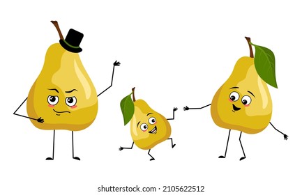 Family of pear fruit characters with happy emotions, smile face, happy eyes, arms and legs. Mom is happy, dad is wearing hat and child is dancing. Vector flat illustration