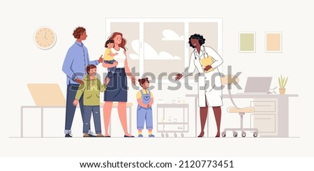 Family and pediatrician in office. Mom accompanies her daughter and holds child in her arms. Father and son greet doctor. Flat vector illustration.