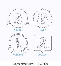 Family, pediatrics and phlebology icons. Oncology awareness ribbon linear sign. Award medal, star label and speech bubble designs. Vector