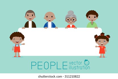 family peeking behind placard, happy family, fun family with a banner ad, Vector Illustration.