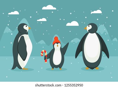 Family of penguins in the Arctic, illustration.