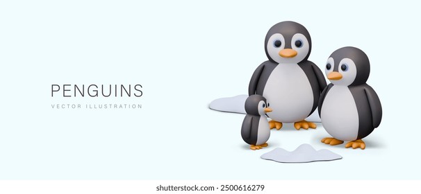 Family of penguins in cartoon style. Large flightless birds stand on ice