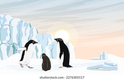 A family of Adélie penguins with a chick are standing on the ocean near a large glacier. Birds of the South Poles. Realistic vector landscape