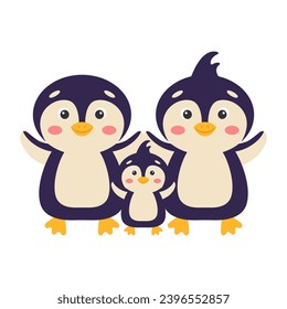 A family of penguins. Cute cartoon penguins mom dad and baby. Vector illustration.