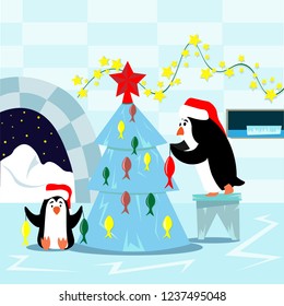 Family of penguins decorates the Christmas tree for Christmas. Illustration in flat style