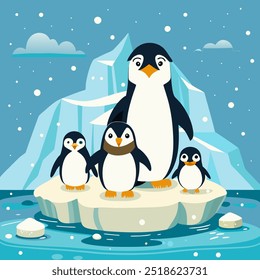 A family of penguins enjoying a snowy day on an iceberg. This cute and heartwarming illustration is perfect for children's books, winter-themed projects.